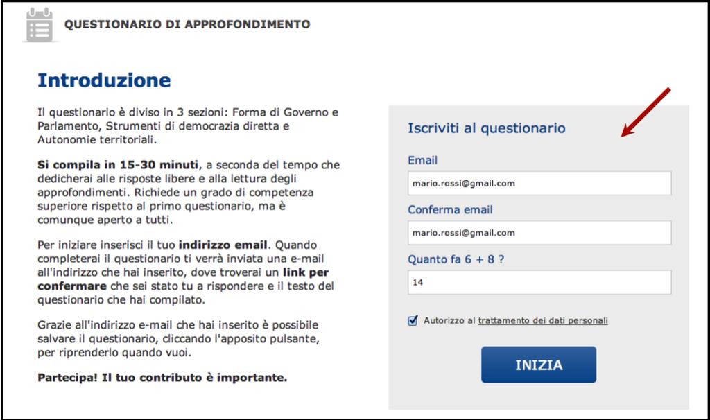 Per iniziare a rispondere alle domande del Questionario di approfondimento, come per il Questionario breve, devi inserire il tuo indirizzo di posta elettronica, cliccare il box