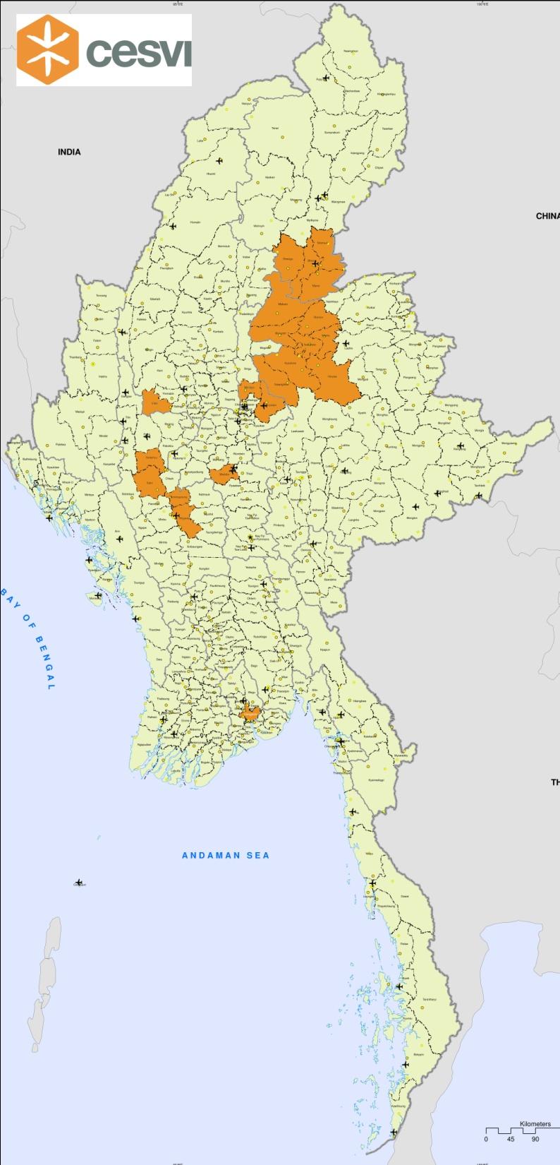 Cesvi in Myanmar Attualmente lavoriamo in due stati (Nord Shan, Kachin) e quattro regioni (Magway, Sagaing, Mandalay e Yangon) per un totale di 23 townships.