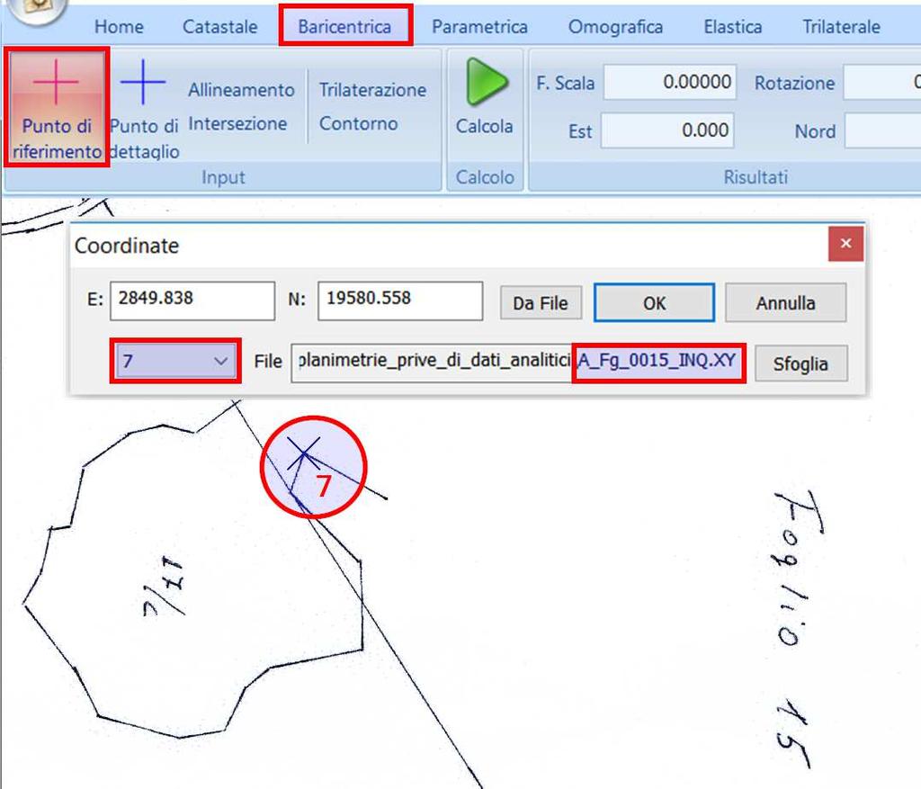 La georeferenziazione Baricentrica Figura 150 - Al punto 7 cliccato sulla planimetria abbiamo assegnato le coordinate derivanti dalla georeferenziazione Parametrica del punto omologo della mappa d