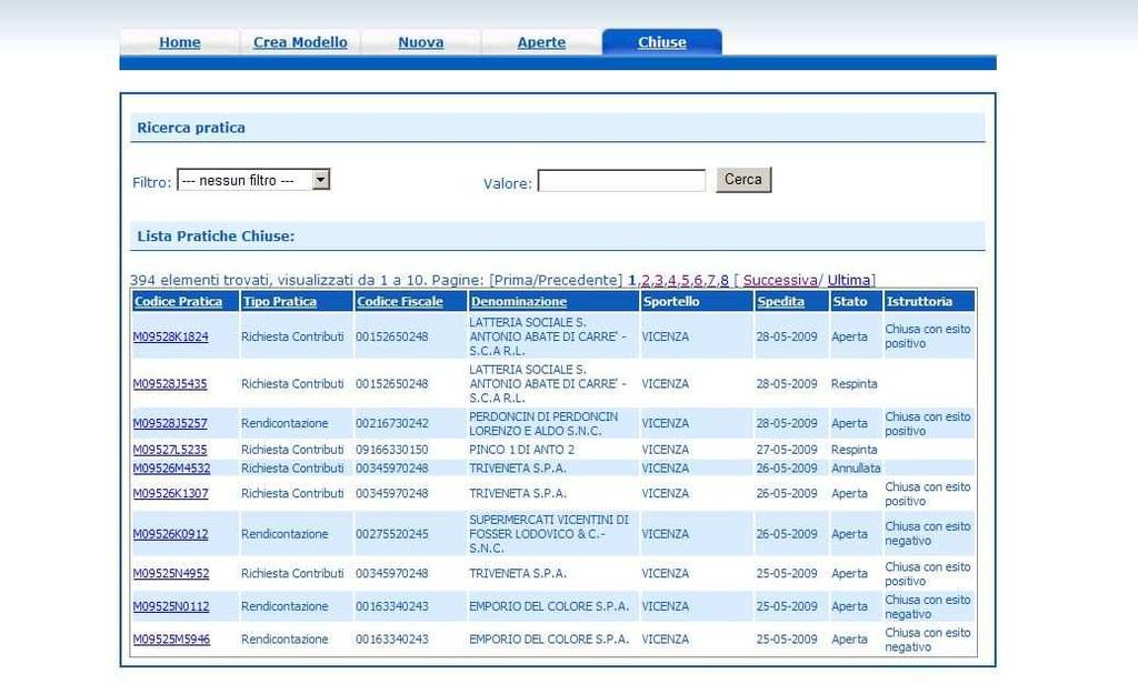 La funzione Chiuse evidenzia le pratiche inviate.