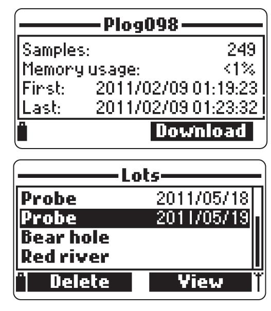 2 Richiamo registrazione sonda (solo per sonde con memorizzazione dati) Selezionare Probe log recall per visualizzare e gestire i lotti che sono memorizzati nella sonda.
