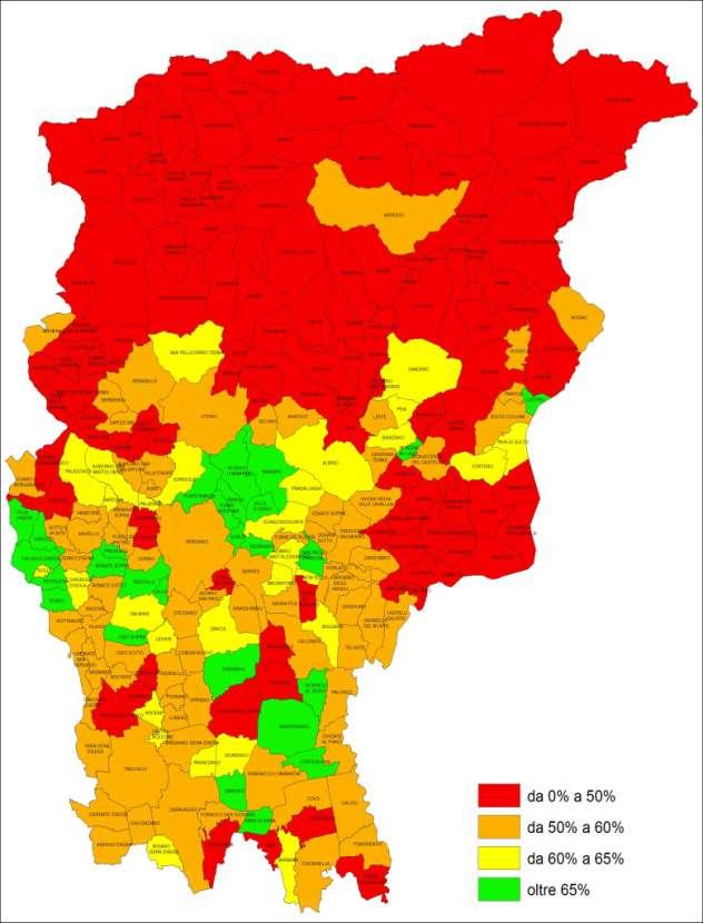 RACCOLTA DIFFERENZIATA IN PROVINCIA DI BERGAMO FIGURA N. 9 I comuni evidenziati in colore ocra, giallo e verde hanno raggiunto l obiettivo della RD al 50% fissato per il 2009 dalla L. n.