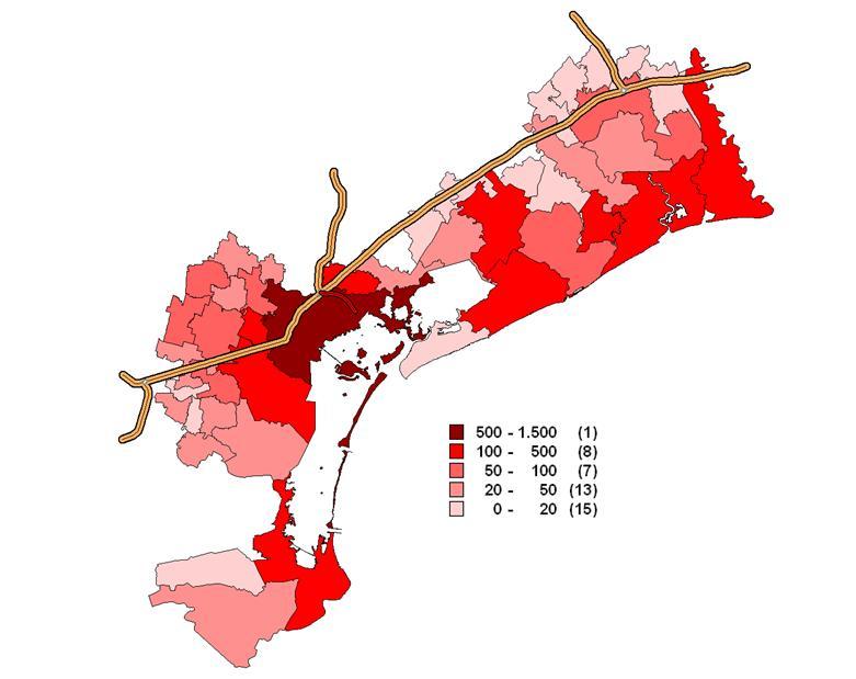 Figura 6: Mappa della distribuzione comunale I semestre Tabella 3: e variazioni % - macroarea Cintura Veneziana Macroaree provinciali I sem Var % I sem / I Quota % Dolo 63 50,6% 1,79% Fiesso d`artico