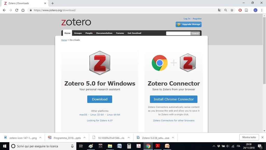 Download e installazione (MS Windows + Chrome) Avviare il download di Zotero