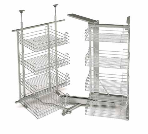 Pull-out mechanism for corner larder unit, with soft opening-closing and 8 wire baskets.