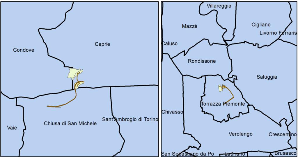 Figura 2 Comuni dei siti di deposito di Caprie e Torrazza Piemonte I dati sulla mortalità e il primo ricovero sono relativi a: totale provinciale totale della Regione Piemonte sesso