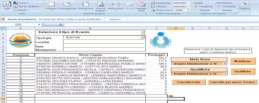 Aprire il file Excel del Tabellone Singola Eliminazione o Doppia Eliminazione a seconda del