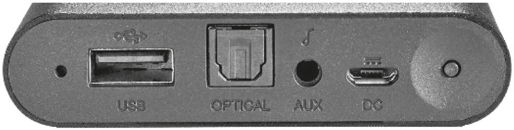 6. Descrizione del prodotto I collegamenti e i tasti sono descritti di seguito, in corrispondenza della relativa figura, da sinistra a destra Tasto Reset USB OPTICAL AUX DC Pulsante di accensione Per