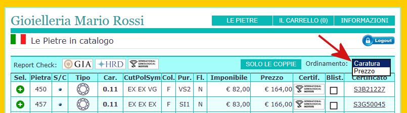 4.1.1 Selezione ed inserimento nel carrello Le pietre acquistabili sono quelle in cui è presente nella prima colonna il pulsante.