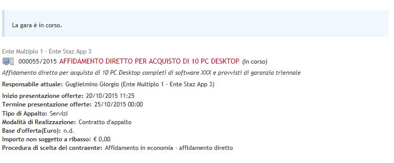 Accedendo alla sezione Dettaglio gara si accede al Dettaglio affidamento diretto dove è sempre possibile risalire, in qualsiasi momento, alle informazioni generali della procedura.