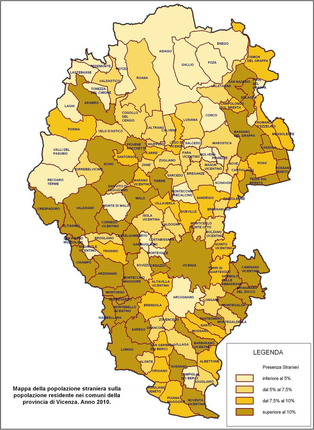 Mappa della popolazione straniera sulla popolazione residente nei comuni della provincia