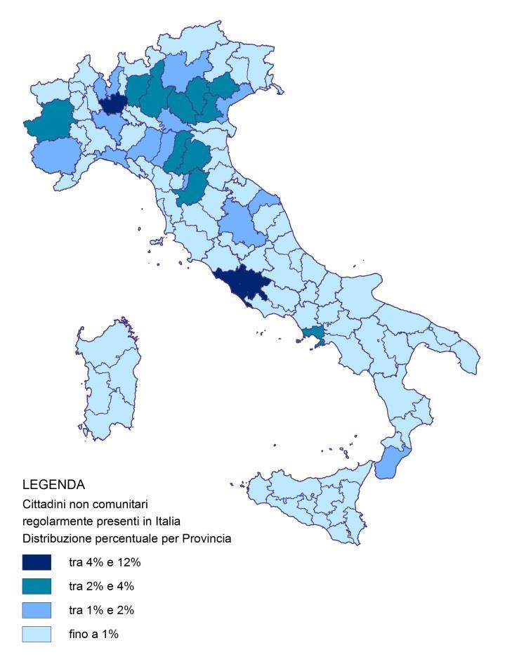 24 2016 - Rapporto Comunità Moldava in Italia Mappe 2.1.1 Cittadini non comunitari regolarmente presenti per area di insediamento e area geografica di provenienza (distribuzione % per provincia).