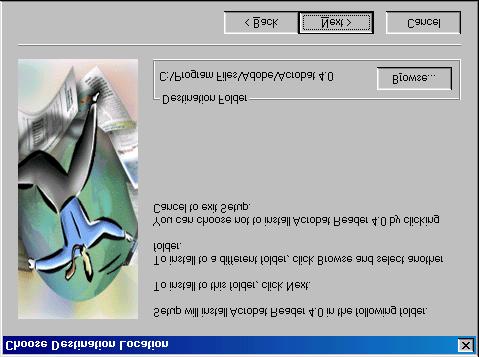 4. Apparirà sullo schermo la figura 25. Cliccare su 'Next'. Acrobat Reader 4.0 verrà ora installato. Figura 25: nstallazione Adobe Acrobat Reader 4.0 5. Dopo l installazione apparirà la Figura 26.