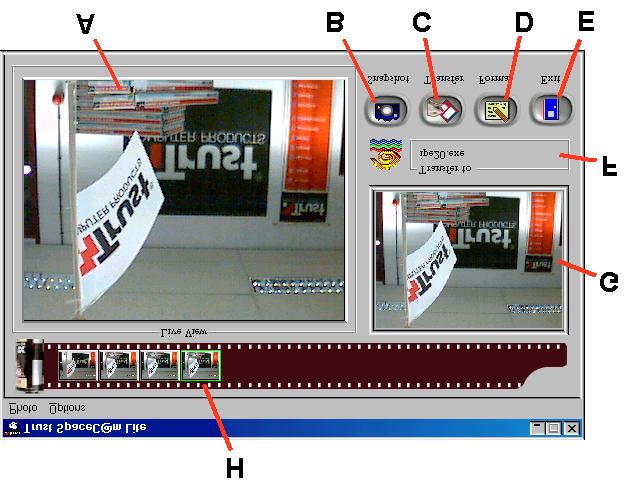 Figura 27: Software Trust SpaceC@m 100 Funzion e A B C D E F G Descrizione n questo schermo è riprodotta l immagine della fotocamera. Vedere capitolo 4.1.2 per la regolazione dell immagine.