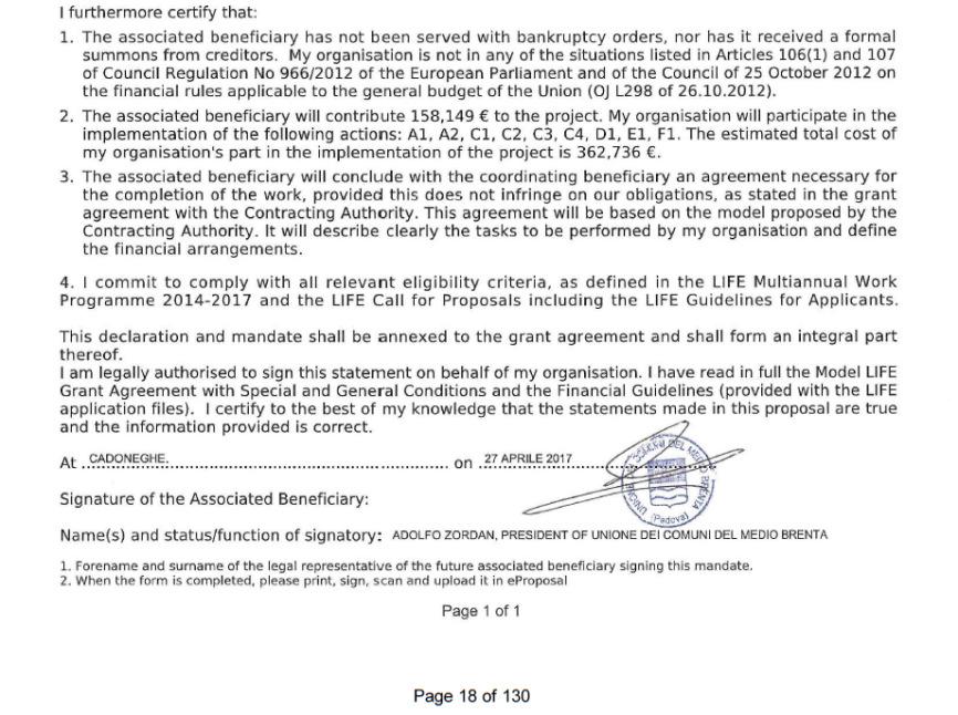 Commissione Europea; approvazione dello schema contrattuale Partnership Agreement Concerning the LIFE