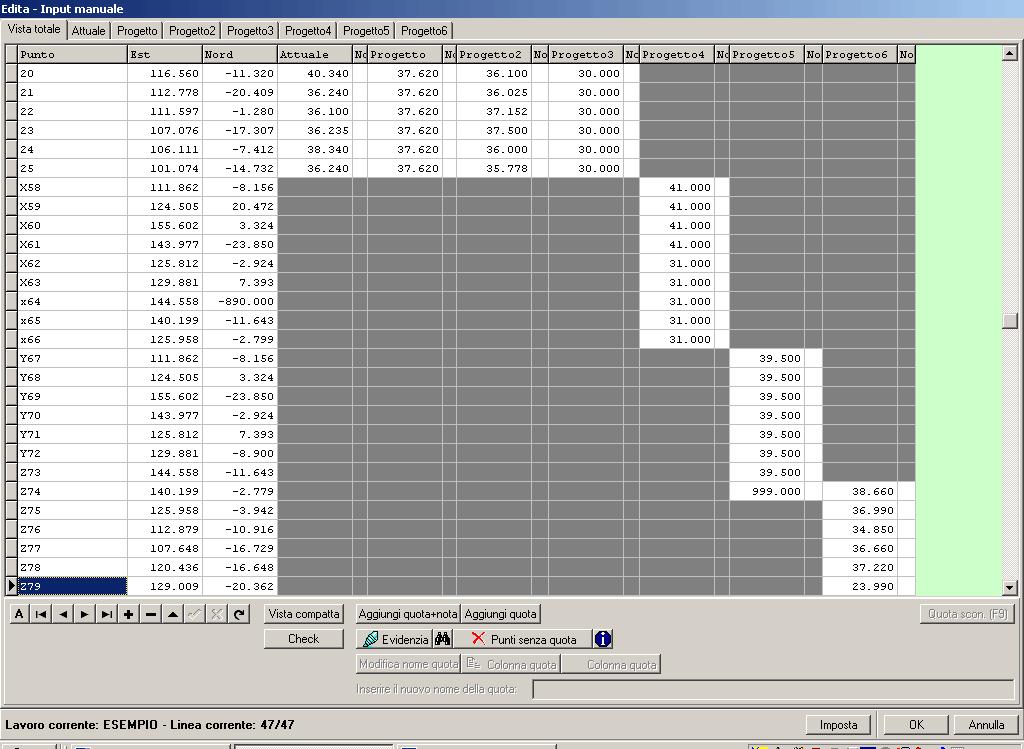 2 Riprendendo anche la figura 43 vediamo ora come nel database siano state aggiunte le colonne 6 e 7 contenenti i punti quotati dei due nuovi rilievi.