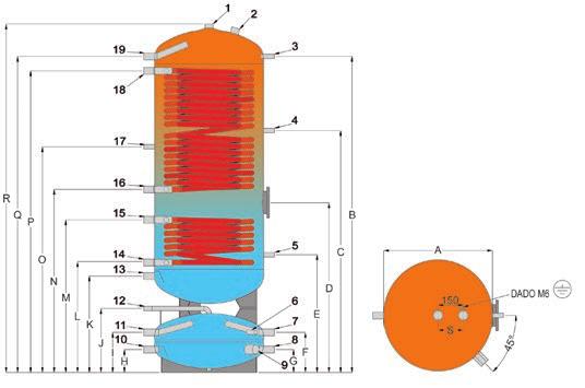 vetrificazione secondo normative DIN 4753-3 e UNI 10025. Accumulo inferiore per acqua di riscaldamento o refrigerata, interno non trattato.