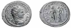 Fig. 16. Antoniniano di 4,57 grammi coniato a Roma nel 217. Al diritto, busto radiato dell imperatore e legenda ANTONINVS PIVS AVG GERM.