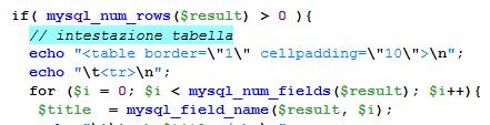 Altre funzioni utili int mysql_num_fields(resource $result) Restituisce il numero di campi (attributi) della risorsa $result, o FALSE in caso di insuccesso string mysql_field_name (resource $result,