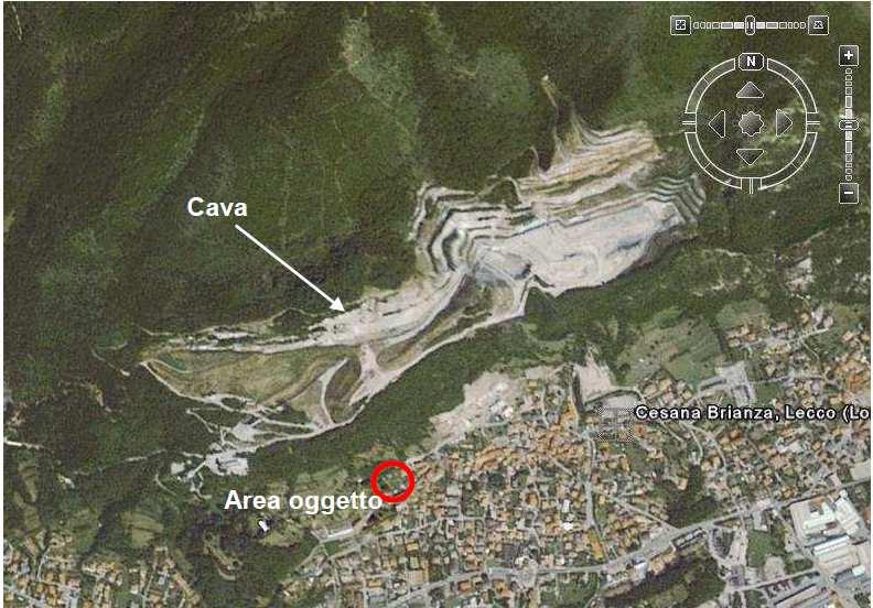 Figura 1 Vista aerea di Cesana Brianza (LC) con indicate l area in oggetto e la cava a monte della stessa.