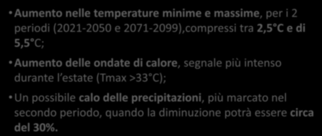 LCPf Bologna Aumento nelle temperature minime e massime, per i 2 periodi (2021-2050 e 2071-2099),compressi tra 2,5 C e di 5,5 C; Aumento delle ondate di calore,