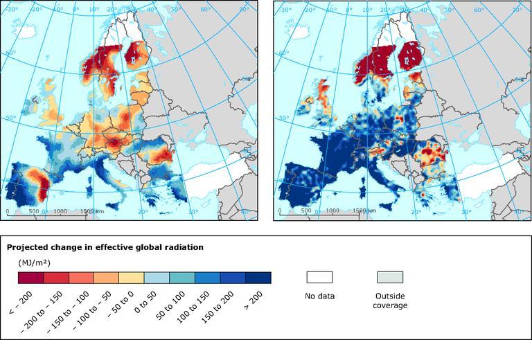 The map shows the mean changes in effective solar radiation (MJ m-2), which is an indicator for water-limited crop productivity, for the