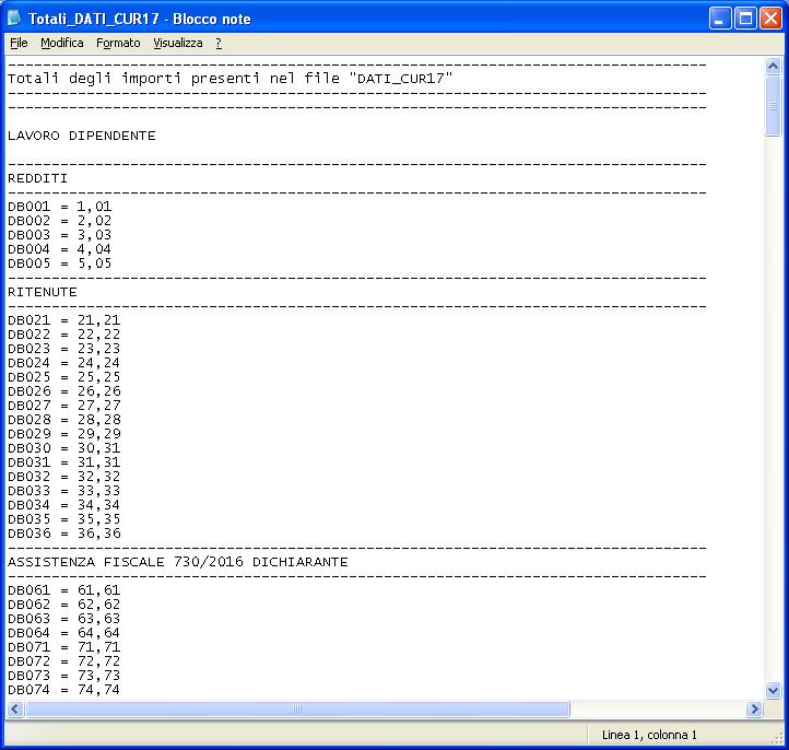 Creazione file telematico della Certificazione Unica (+file di controllo totali ) (2 di 2) Esempio del contenuto del file Totali_DATI_CUR17: Il contenuto di questo