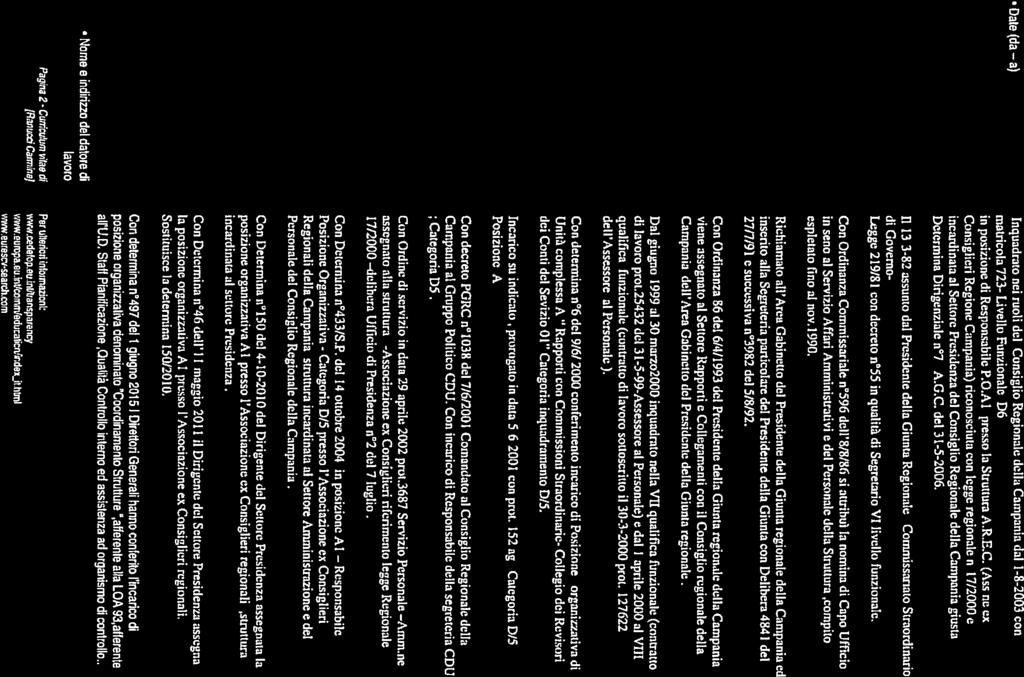 Date (da a) Inquadrato nei ruoli dcl Consiglio Regionale della Campania dal 1-8-2003 con matricola 723- Livello Funzionale D6 in posizione di Responsabile P.O.Al presso la Struttura A.R.E.C. (Ass.