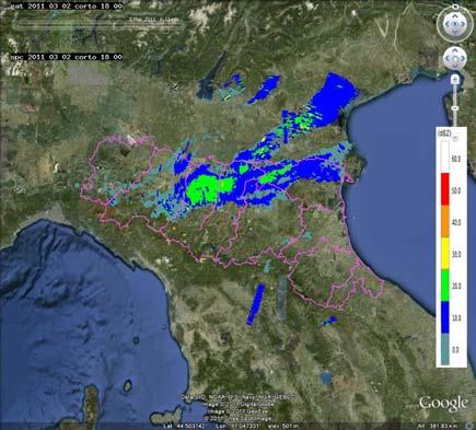 Mappe di riflettività del 02/03/2011 16:15 (a sinistra) e 18:00 (a