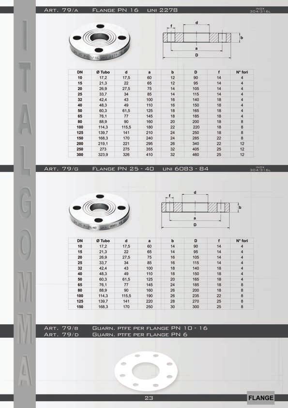 Art. 79/A Flange PN 16 uni 2278 Inox 304/31 6l Art. 79/G Flange PN 25-40 uni 6083-84 Inox 304/31 6l Art.