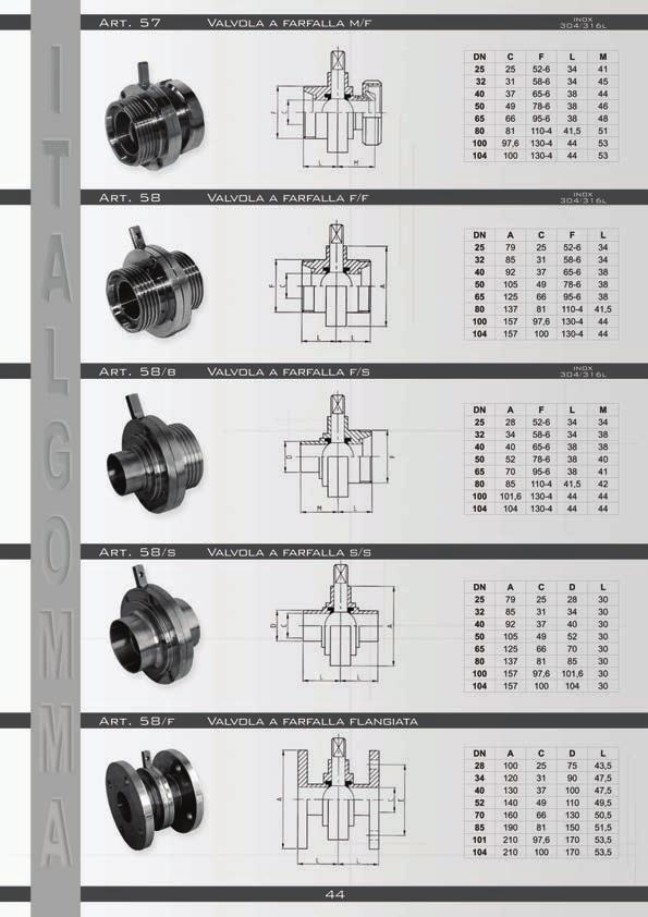 Art. 57 Valvola a farfalla m/f Inox 304/31 6l Art. 58 Valvola a farfalla f/f Inox 304/31 6l Art.