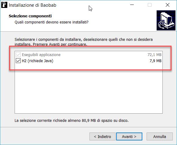 A questo punto il SETUP chiede di installare il programma di DATA BASE (Baobab utilizza H2).