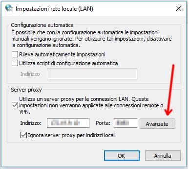 2. Nella finestra impostazioni LAN, se la parte "Server Proxy" non è abilitata vuol dire che il problema non è legato alla presenza di un proxy, la causa del problema sarà quindi imputabile alla