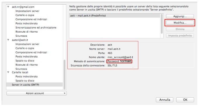 9 6. Controlla che le voci riportate siano simili a quelle seguenti: Descrizione: questa voce è libera Nome server mail.aeit.it Porta 465 Nome utente mio_account@aeit.