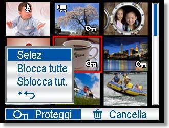 4 Premere o per selezionare BLOCCA TUTTE, quindi premere IMPOSTA. Per selezionare SBLOCCA TUTTE, quindi premere IMPOSTA. Premere il tasto IMPOSTA per proteggere il file.