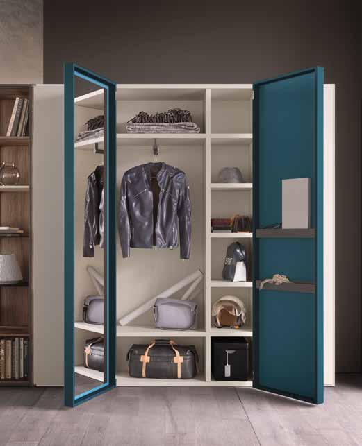 Finishes: structure in Bosco, flap stay doors in Grand Canal, Back panel in Rope. SHELVES O-shelf. Finishes: Grand Canal. LAY-OUT W359 H195 D93 cm.