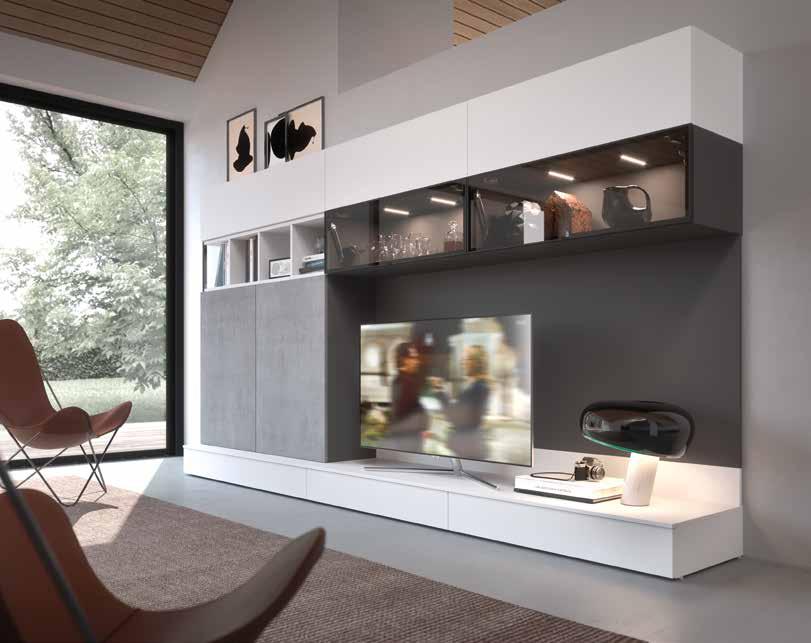 PANNELLI PORTA-TV Finiture: Bianco e Antracite. WALL UNITS with doors and lid stay doors, push to open system, Smoky metal frame doors.