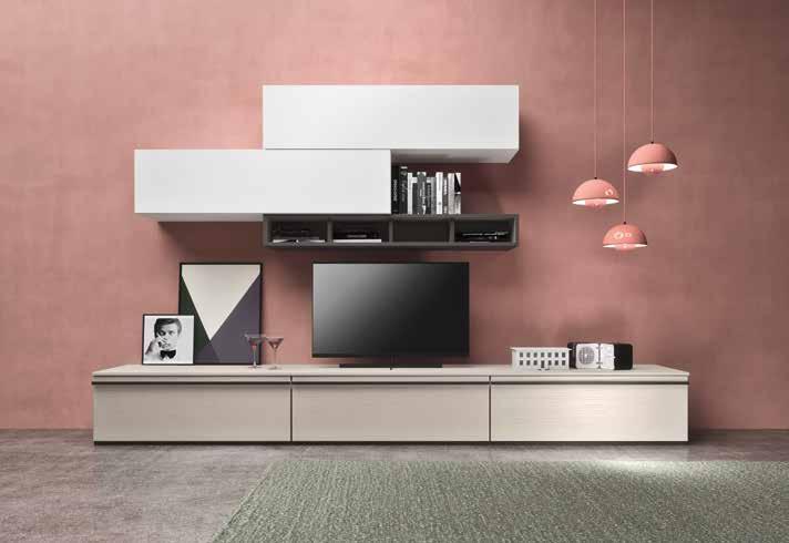 Finishes: structure, fronts and top in Mild, Titanio plinth. WALL UNITS with doors and open shelving. Finishes: structure and fronts in Mild; structure in Mild. LAY-OUT W320 H230 D50,2 cm.