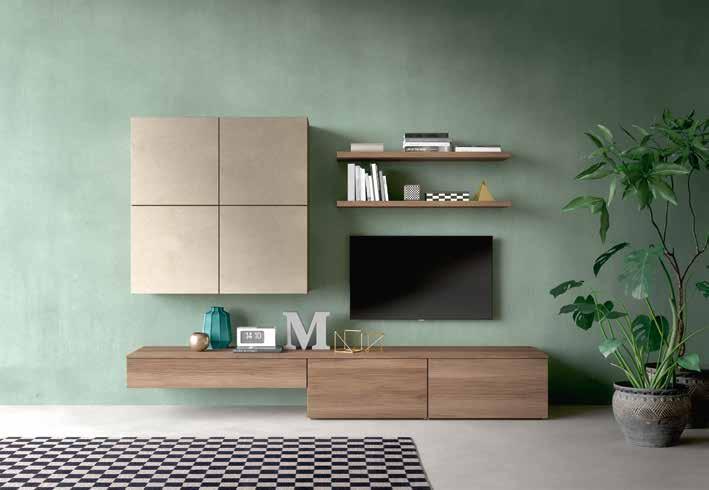 WALL UNITS with doors, push to open system. Finishes: structure in Bosco, doors in Argilla. SHELVES Finishes: Bosco. LAY-OUT W224 H165 D50,2 cm.