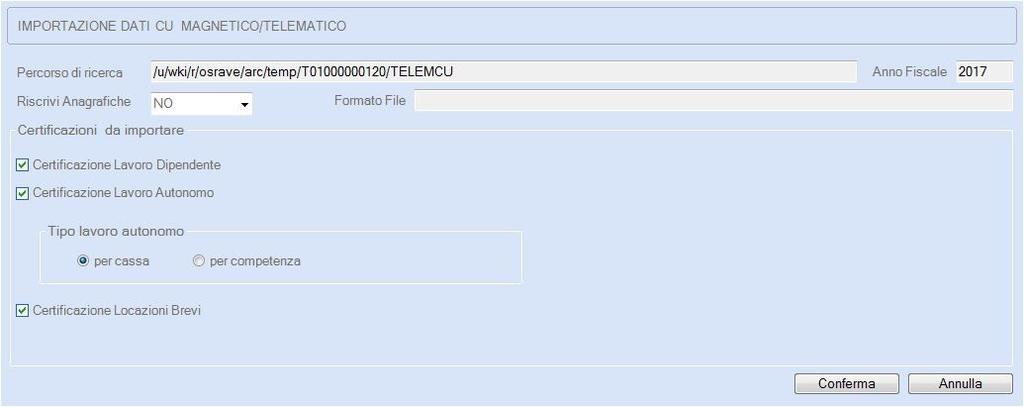 Telematico Entratel standard. Al primo accesso viene richiesto il percorso dove è stato salvato il file da importare.