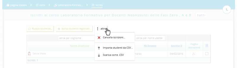 In questa pagina è possibile iscrivere studenti ex-novo oppure iscrivere al corso studenti già registrati ed iscritti ad