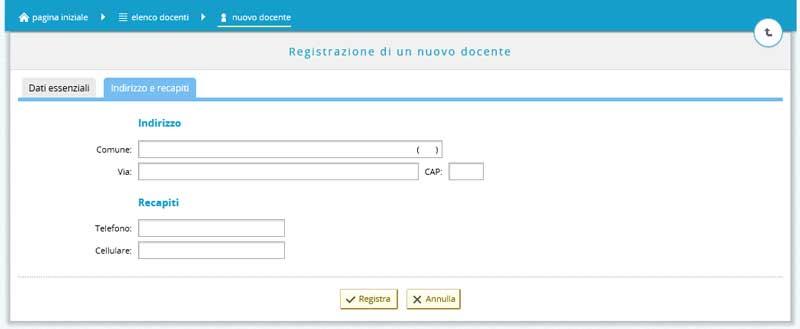 Dati docente Cliccando sul pulsante "registra un nuovo docente" si aprirà la scheda che da la possibilità di inserire in piattaforma un nuovo docente