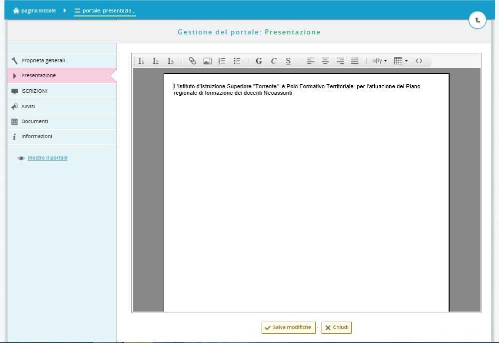 Contenuti portale La scheda "PRESENTAZIONE" contiene un editor di testo grazie al quale è possibile scrivere una introduzione al portale.