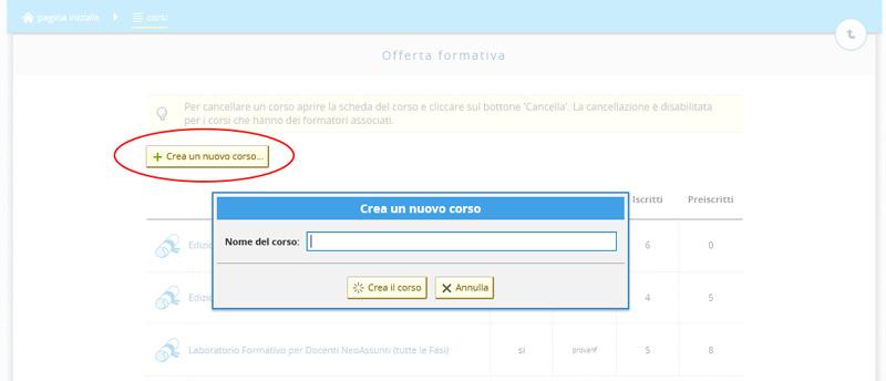 Cliccando sulla casella "Crea un nuovo corso" possiamo creare un nuovo corso