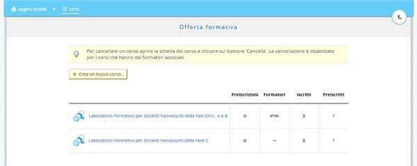 Una volta creati i corsi, avremo l'elenco di essi, per ognuno dei quali