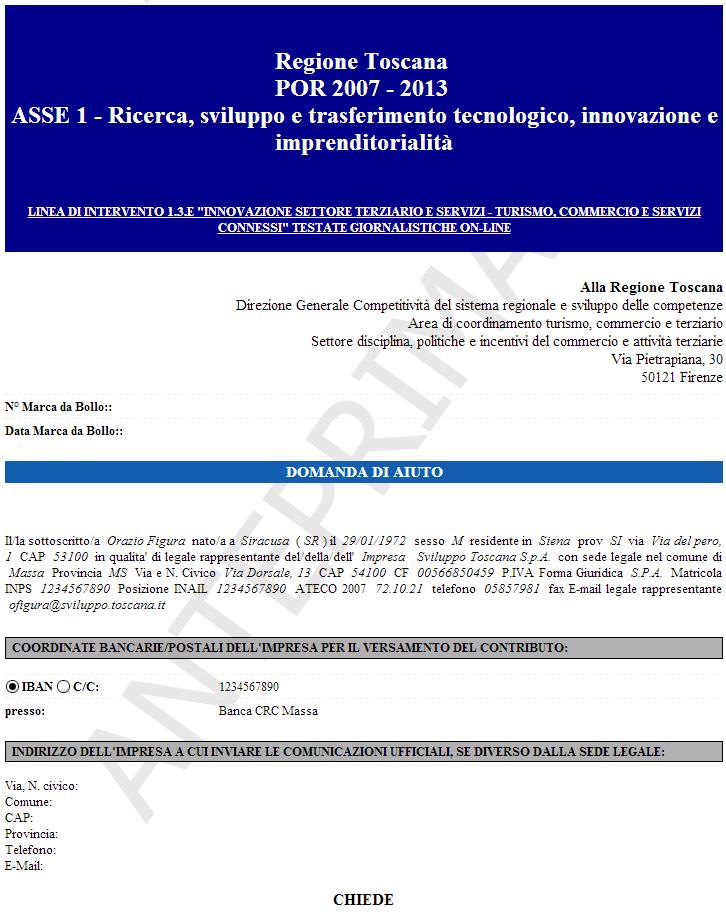 L utente presentatore Anteprima domanda L utente ha la possibilità durante la compilazione della domanda di effettuare una verifica dei dati della sua domanda premendo il pulsante