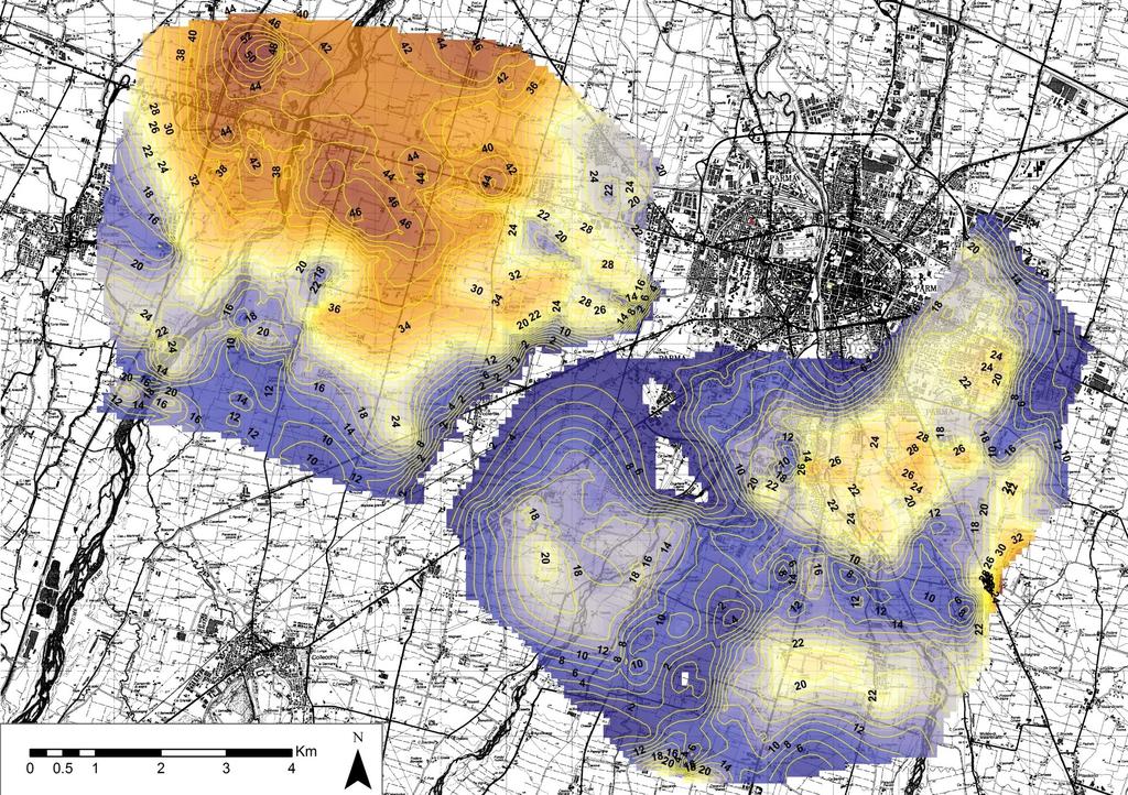 Isopache (linee di egual spessore) in metri dei corpi grossolani che costituiscono le conoidi Taro e Parma-Baganza limitatamente alla porzione sovrastante la base dell acquifero freatico Isopache (m)