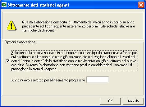 Esempio Se l'anno indicato nel campo "Anno nuovo esercizio per allineamento progressivi" è il 2018, il programma effettua la ricostruzione dei dati statistici dell'anno precedente all'anno indicato