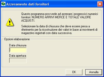 Se invece all'interno dei Parametri Azienda risulta selezionata la casella di controllo Registrazione Movimenti viene visualizzata la seguente finestra: Data Chiusura - Data Apertura Indicare la data