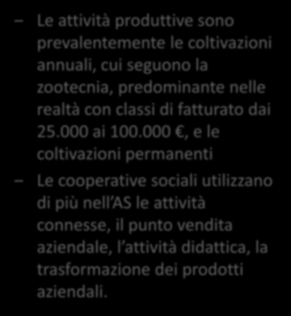 Le attività agricole interessate dall AS Le attività produttive sono prevalentemente le coltivazioni annuali, cui seguono la zootecnia, predominante nelle realtà con classi di fatturato dai 25.